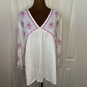 Luna Moon Embroidered White and Pink Peplum Women's Top Size L